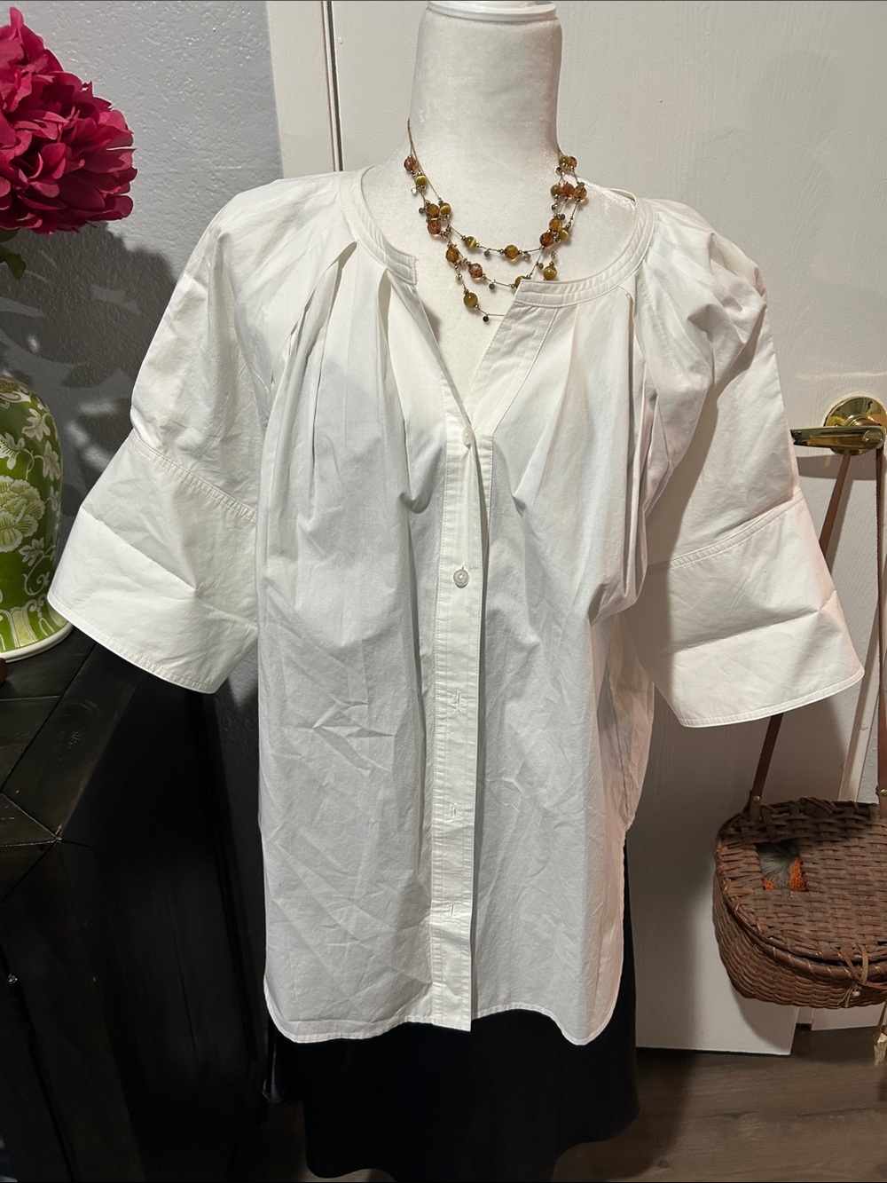 A.L.C. White Pleated Button-Front Cotton Blouse
